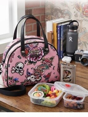 NWT Ed Hardy Y2K Pink Skull Tattoo Thermal  Lunch Bowler Tote  Set Crossbody